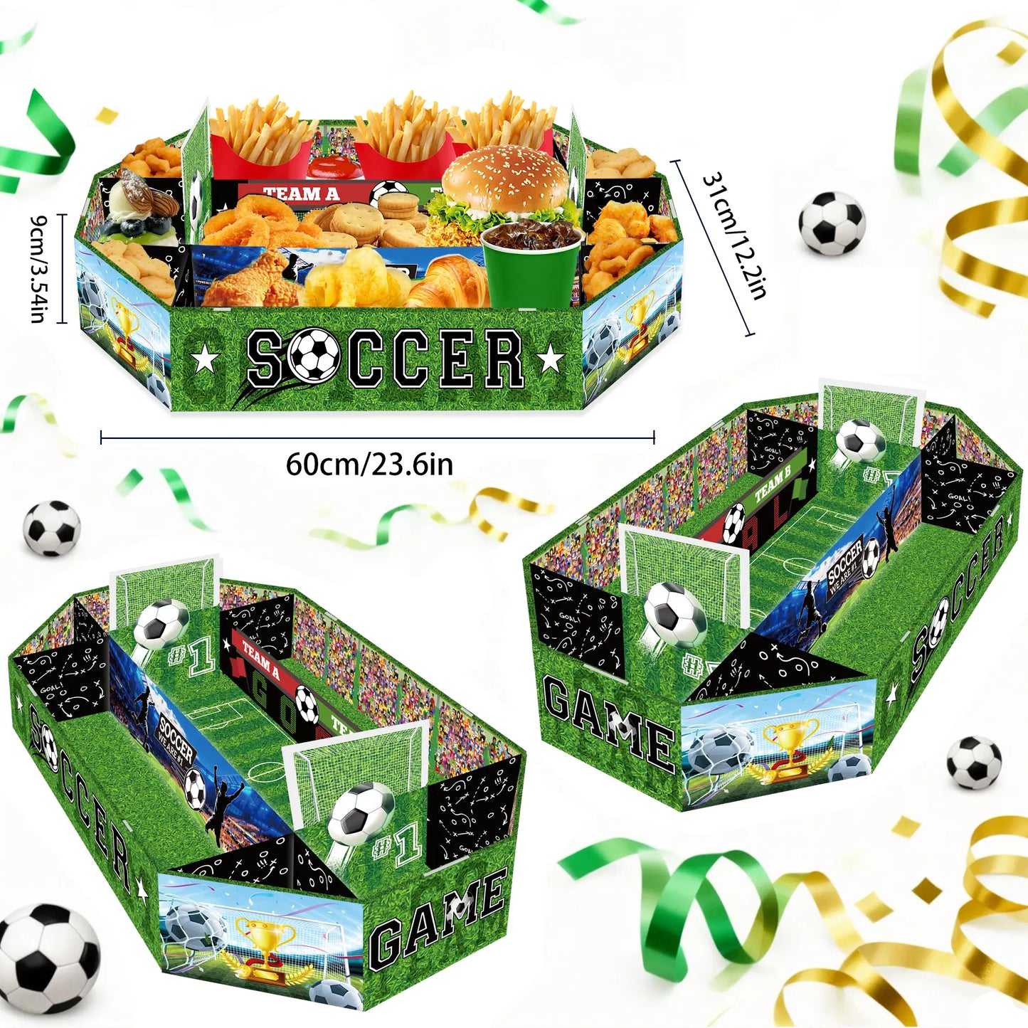 2026 Soccer Party Supplies Set: Extra Large 23X12 Inch "Soccer Field" Shaped Snack Tray, Suitable for Pre-League Parties, Matchday Parties, and Party Decorations.