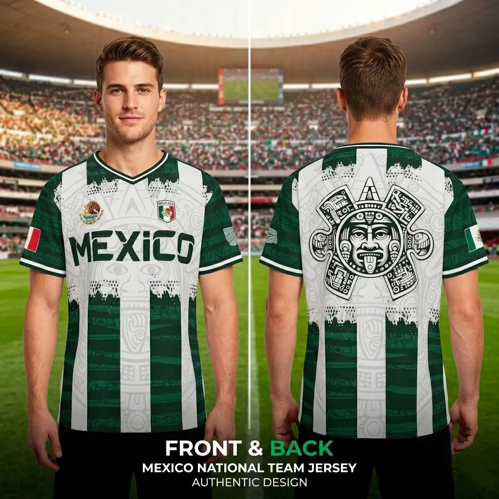 2026 Mexico Aztec Calendar Soccer Jersey, All over Print, Casual Style for All Seasons, Unique Piedra Del Sol Design, Classic Throwback Jersey