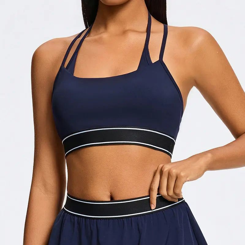 Women Double Parallel Strap Sports Bra, Contrast Waistband Flowy Tennis Skirt 2 Piece Athletic Workout Set