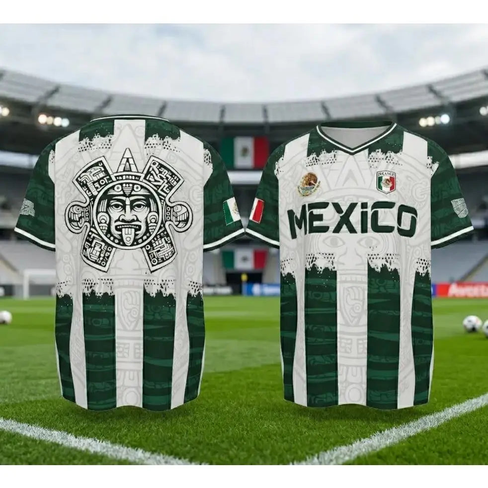 2026 Mexico Aztec Calendar Soccer Jersey, All over Print, Casual Style for All Seasons, Unique Piedra Del Sol Design, Classic Throwback Jersey