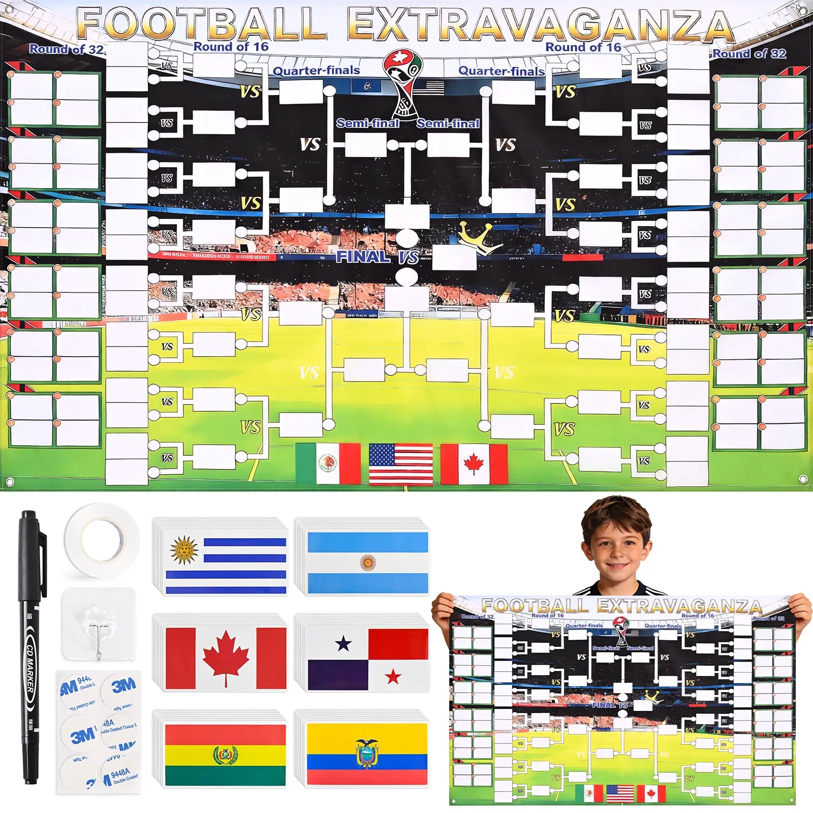 Summerwins 2026 World Soccer Tournament Extra Large Schedule Poster 59"X36" , 128PC Reusable National Flags Sticker, Soccer Schedule Posters with Full Match Timeline with Hooks, Marker Pen, String, Summer World Soccer Wall Chart Poster Set