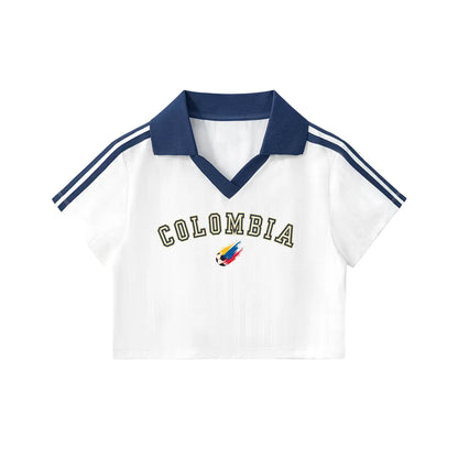 Women'S Colombia Crop Soccer Tee - Retro Fútbol Heritage Sports Clothing, Striped Shirt, Apparel Jersey for Soccer Fans, Latina Gift