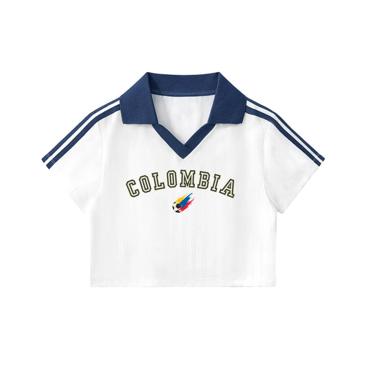 Women'S Colombia Crop Soccer Tee - Retro Fútbol Heritage Sports Clothing, Striped Shirt, Apparel Jersey for Soccer Fans, Latina Gift