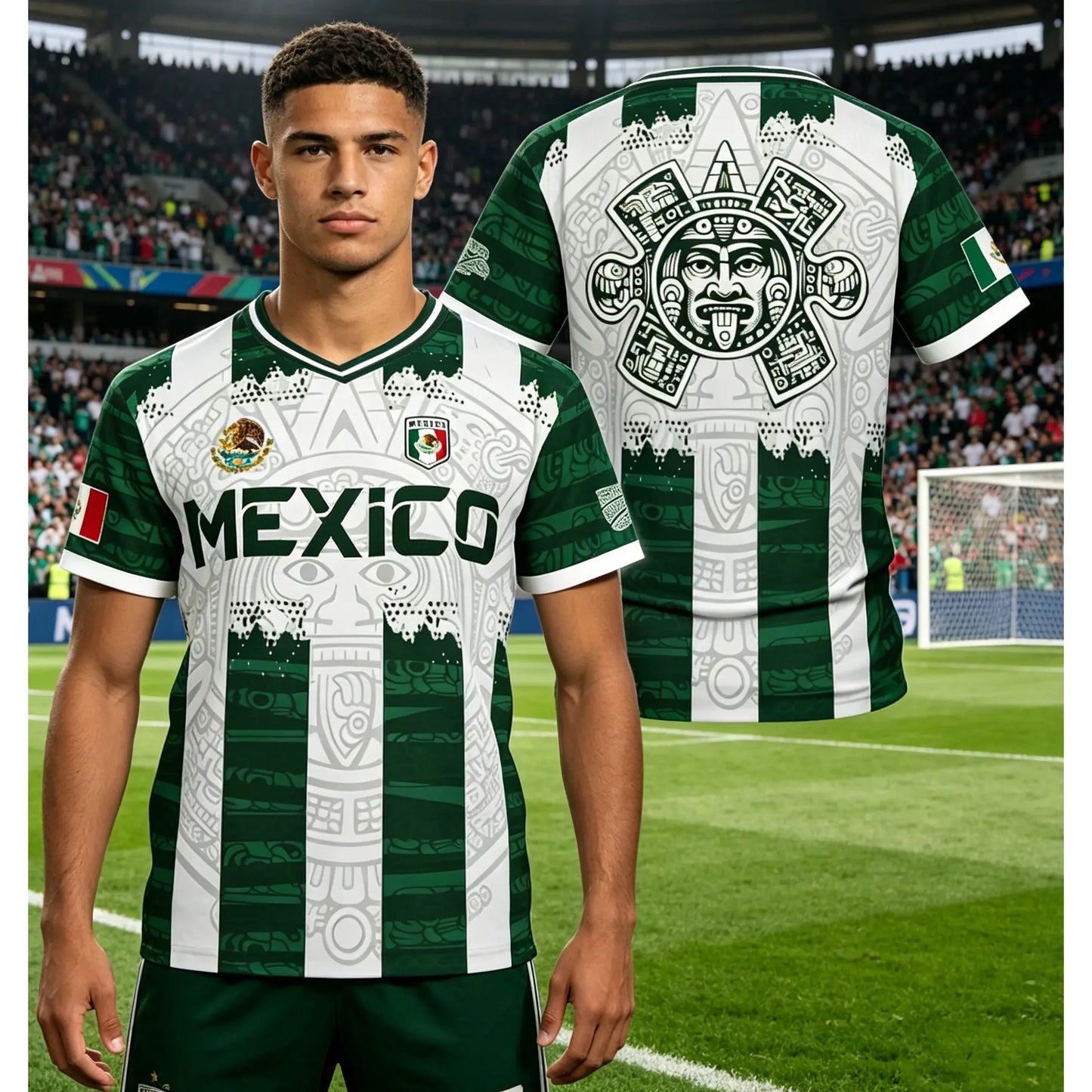 2026 Mexico Aztec Calendar Soccer Jersey, All over Print, Casual Style for All Seasons, Unique Piedra Del Sol Design, Classic Throwback Jersey