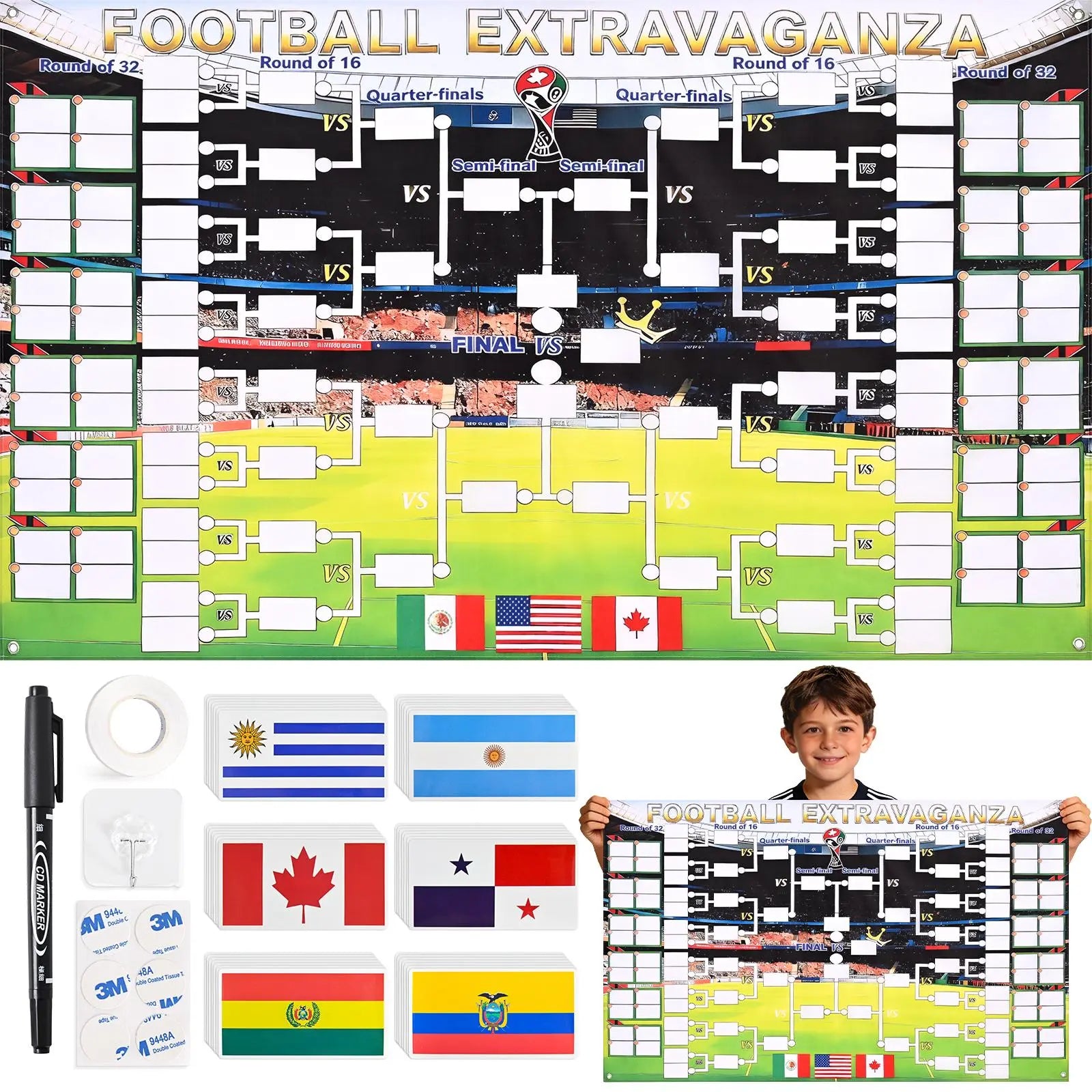 Summerwins 2026 World Soccer Tournament Extra Large Schedule Poster 59"X36" , 128PC Reusable National Flags Sticker, Soccer Schedule Posters with Full Match Timeline with Hooks, Marker Pen, String, Summer World Soccer Wall Chart Poster Set