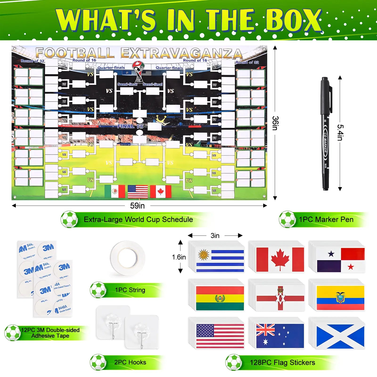 Summerwins 2026 World Soccer Tournament Extra Large Schedule Poster 59"X36" , 128PC Reusable National Flags Sticker, Soccer Schedule Posters with Full Match Timeline with Hooks, Marker Pen, String, Summer World Soccer Wall Chart Poster Set
