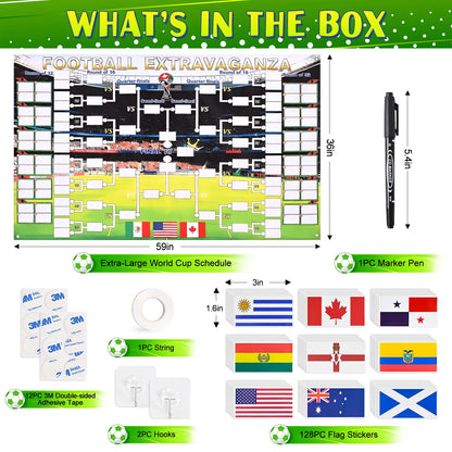 Summerwins 2026 World Soccer Tournament Extra Large Schedule Poster 59"X36" , 128PC Reusable National Flags Sticker, Soccer Schedule Posters with Full Match Timeline with Hooks, Marker Pen, String, Summer World Soccer Wall Chart Poster Set